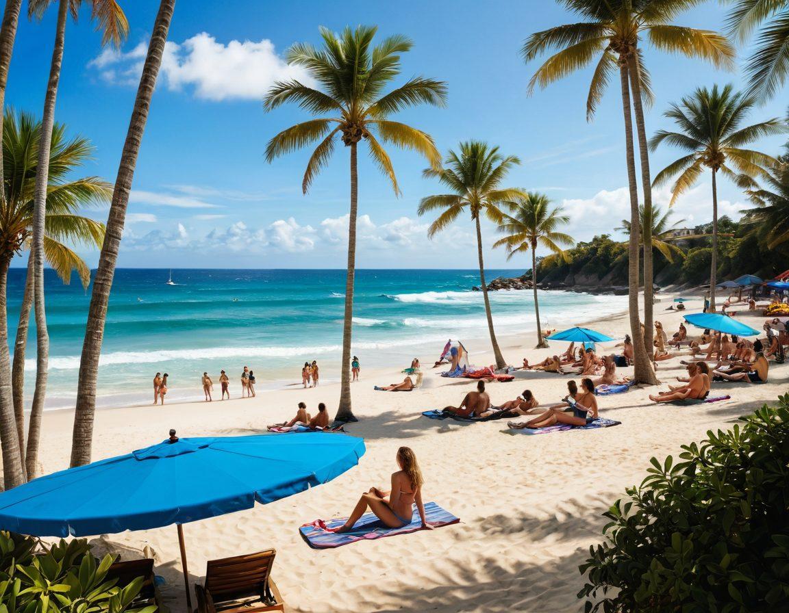 A vibrant beach scene featuring diverse individuals engaging in various beach activities like surfing, sunbathing, and playing beach volleyball. Showcase an array of stylish beachwear, including bikinis, shorts, and cover-ups, all under a sun-drenched sky. In the background, gentle waves lap against the shore, and palm trees gently sway, creating a tropical paradise atmosphere. Emphasize bright colors and a lively, fun vibe. super-realistic. vibrant colors. 3D.